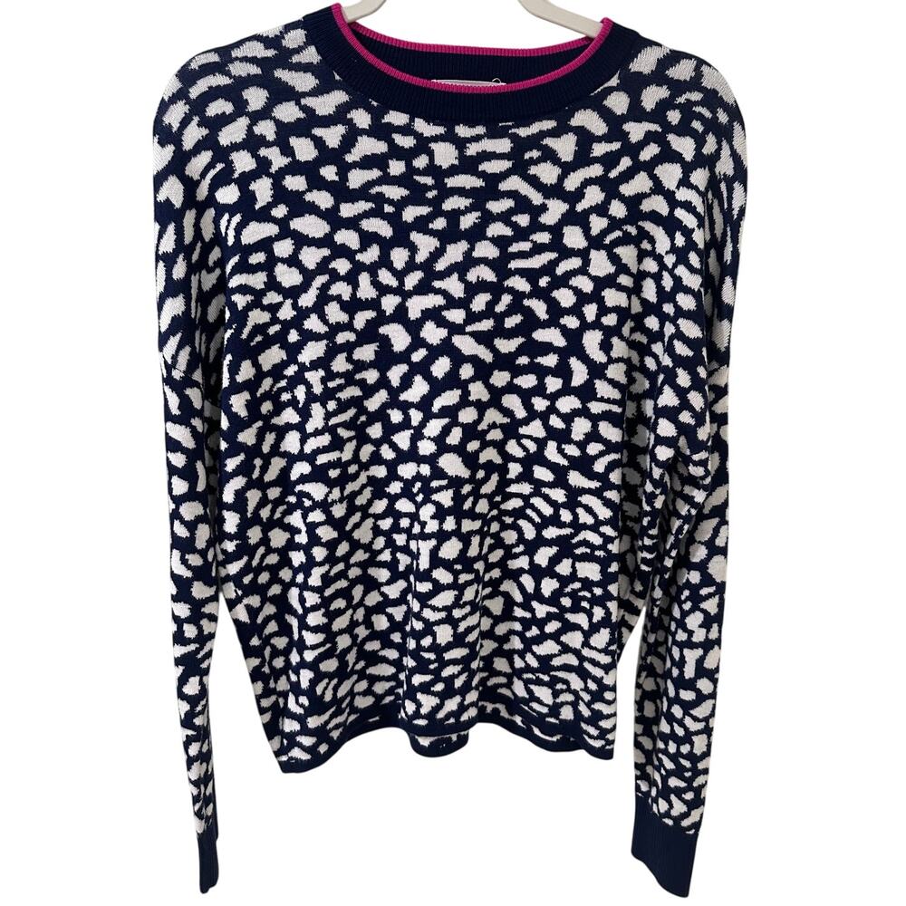 Anthropologie THML LS Navy White Animal Print Sweater With Pink Crew Neckline, L